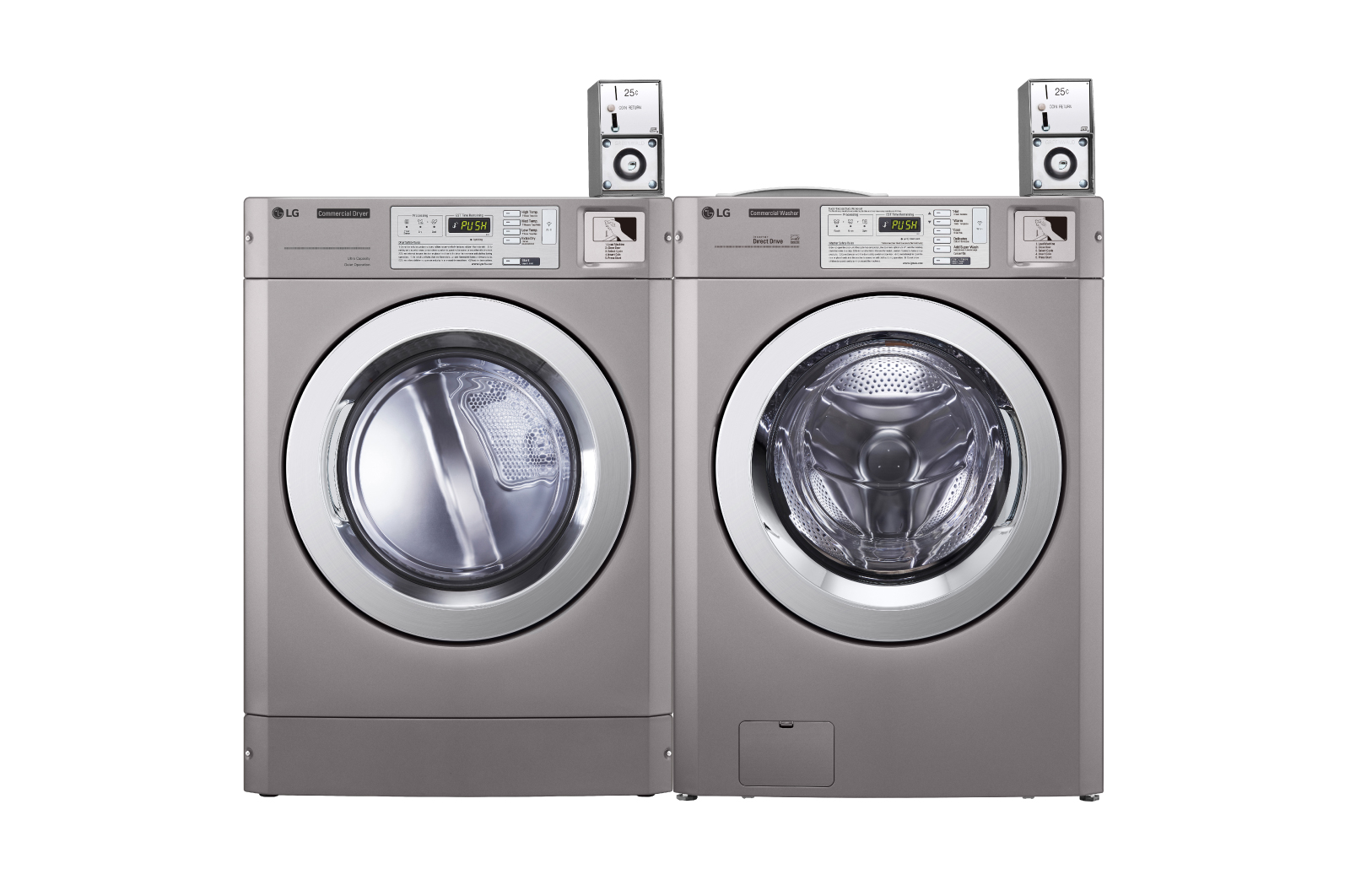 มุมมองด้านหน้าของ เครื่องซักผ้าเชิงพาณิชย์ แบบ Single TITAN C รุ่น CWT29MSQRS และ เครื่องอบผ้าระบบ ELECTRIC รุ่น CDT29MSQES TITANSINGLE